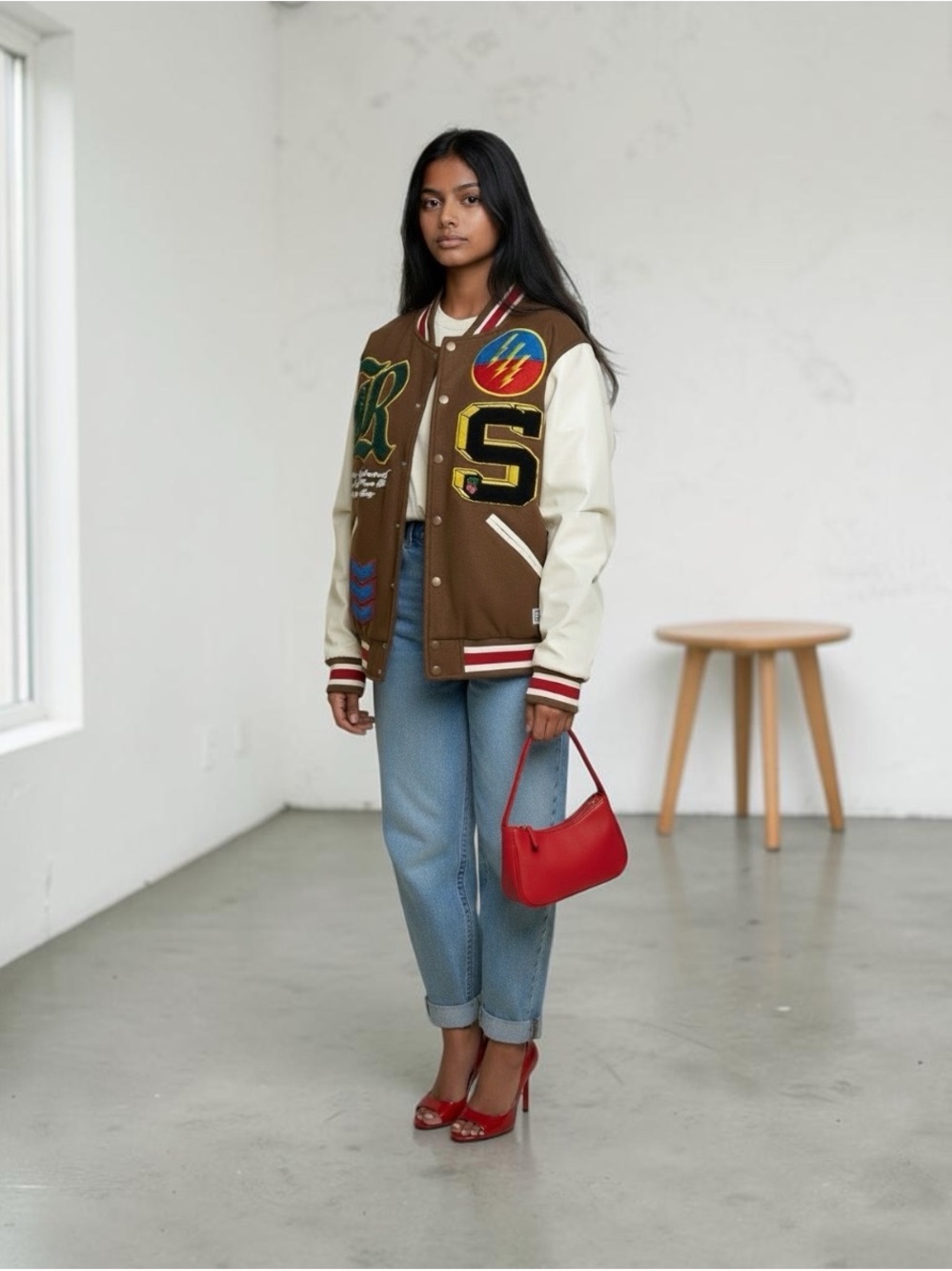 Oversized Fashion Nova Brown and Cream Varsity Jacket with Multicolor Patches
